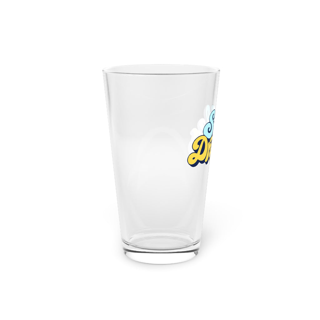 Still Drafting Pint Glass — 16oz Retro Script Beer Glass, Blue & Yellow