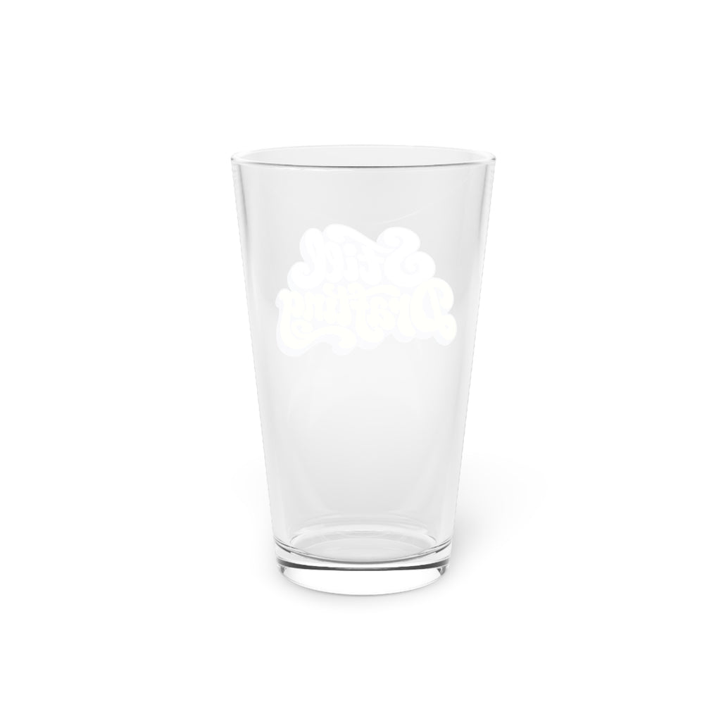 Still Drafting Pint Glass — 16oz Retro Script Beer Glass, Blue & Yellow