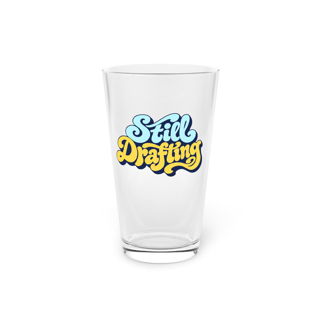 Still Drafting Pint Glass — 16oz Retro Script Beer Glass, Blue & Yellow