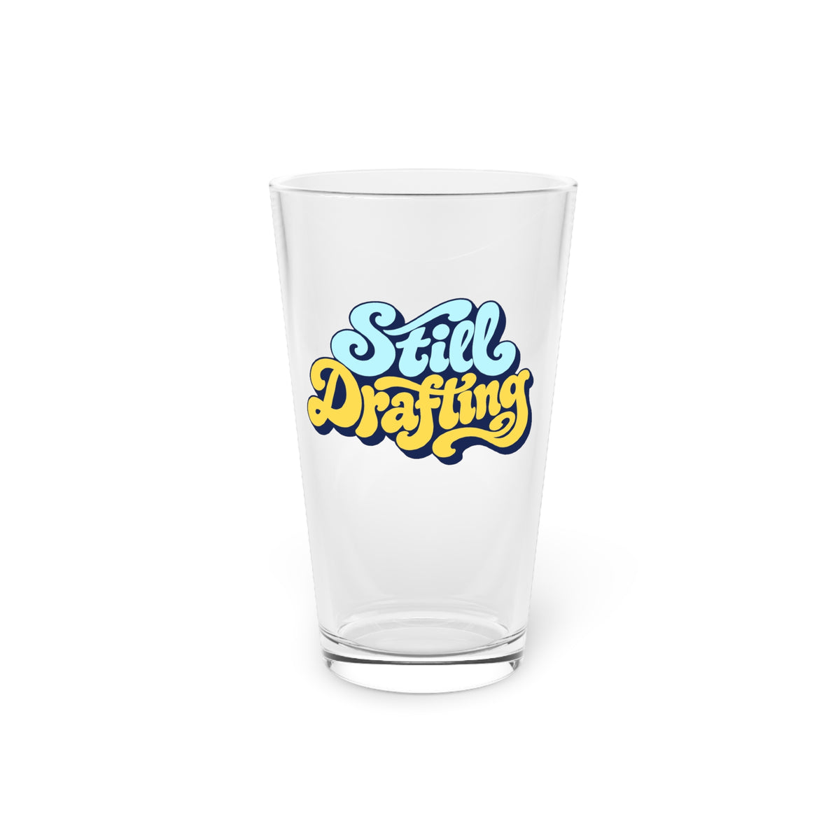 Still Drafting Pint Glass — 16oz Retro Script Beer Glass, Blue & Yellow